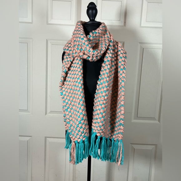 Anthropologie Accessories - Anthropologie Woven Knit Scarf in Teal and Peach